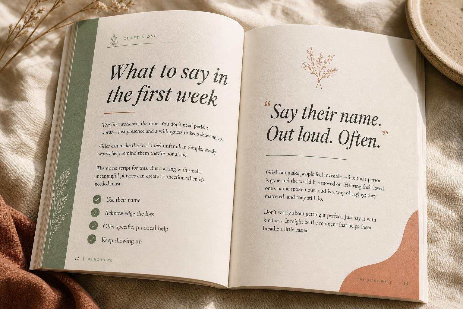 A sample two-page spread from the guide, showing a chapter opening titled 'What to say in the first week' with a pull quote 'Say their name. Out loud. Often.'