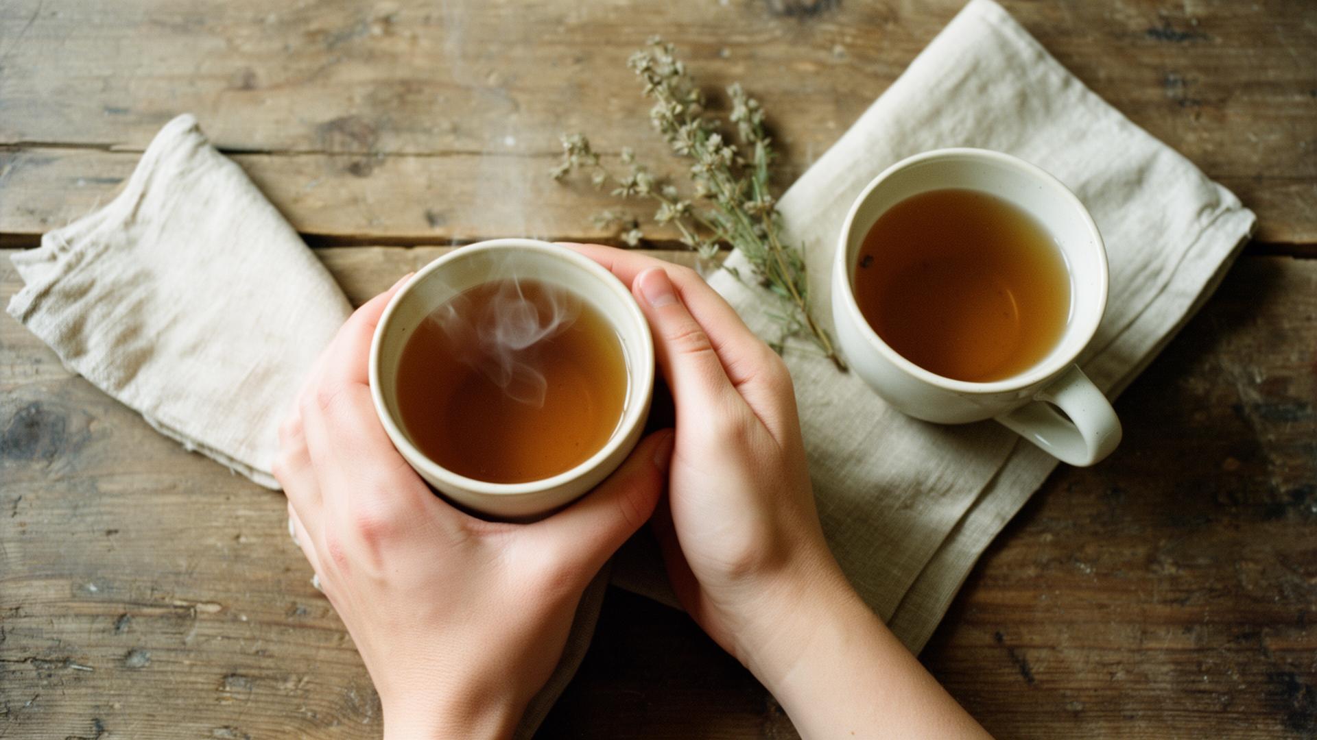 Two mugs of tea on a worn wooden table, one pair of hands wrapped around a mug