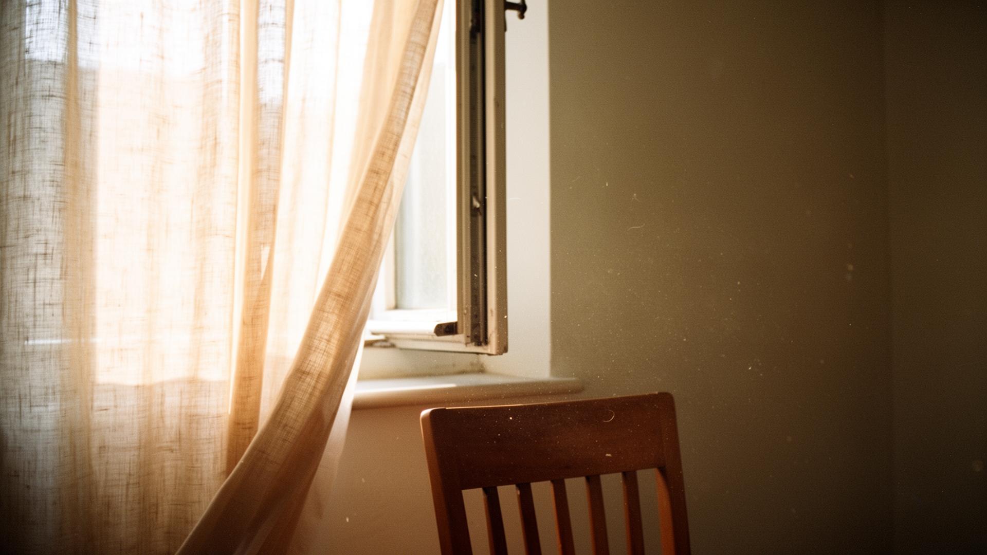 Morning light through a sheer curtain by an open window